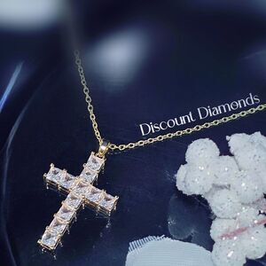 Clear White Diamond Cross Pendant Necklace 14K Gold on 925 Silver
